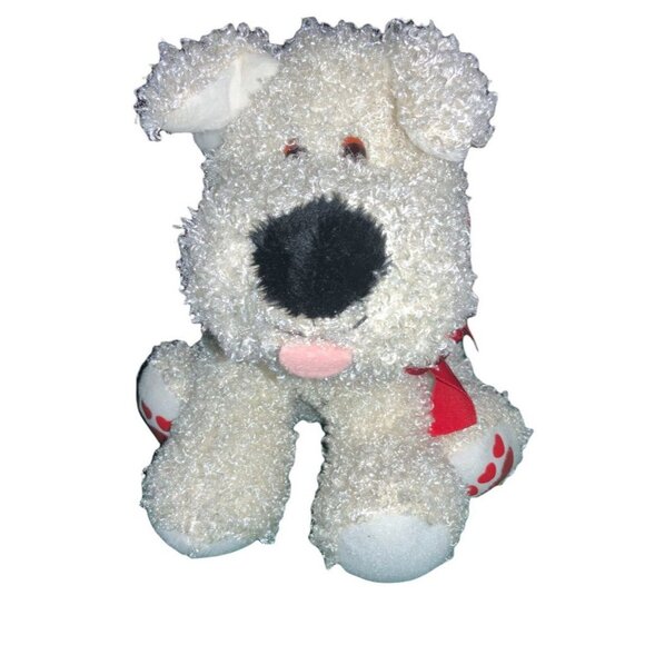 Hallmark White Fuzzy Puppy Dog Plush Stuffed Animal Red Bow Hearts - Picture 1 of 8